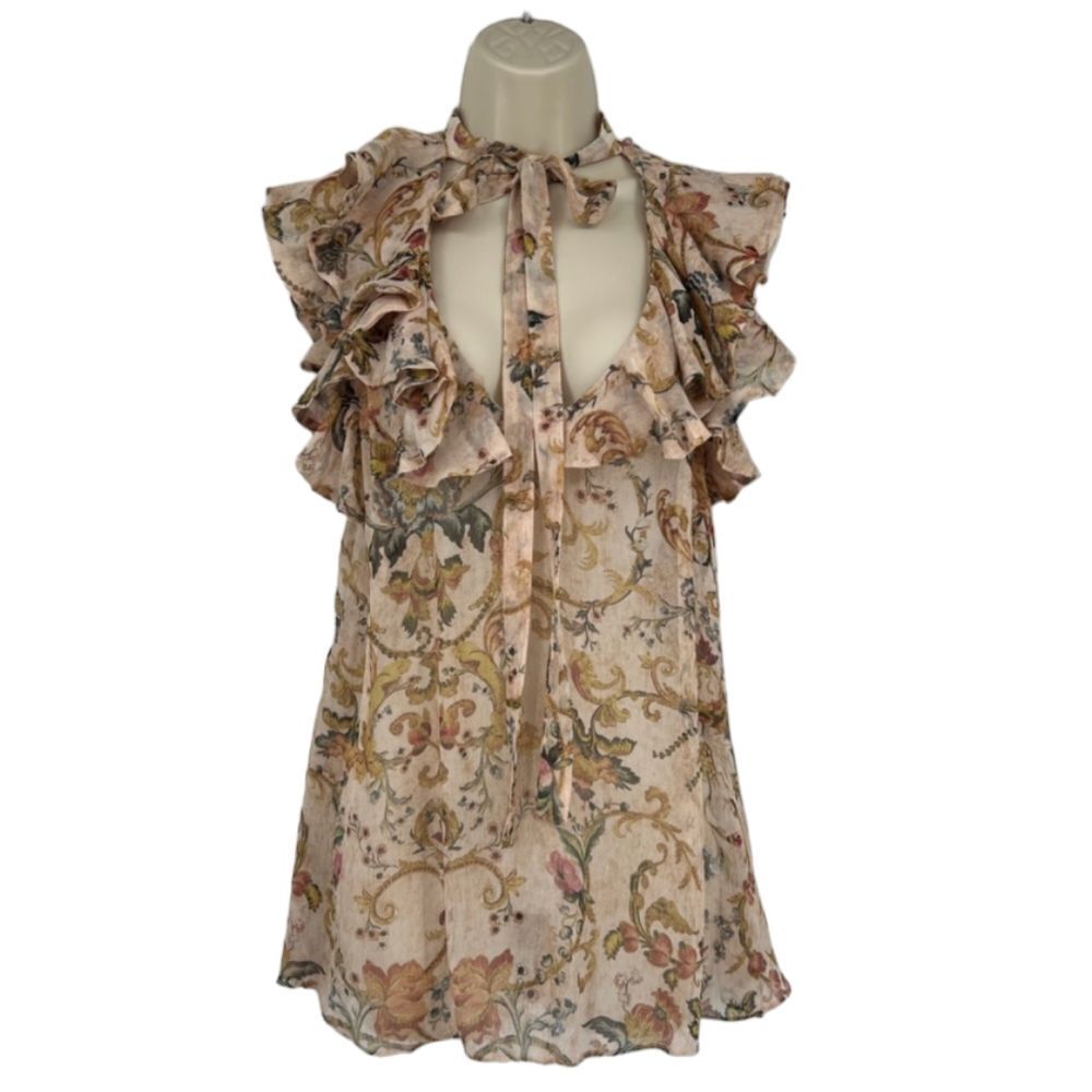 Zimmermann Painted Heart Silk Ruffle Tie Neck Sleeveless Top In Peach Tape